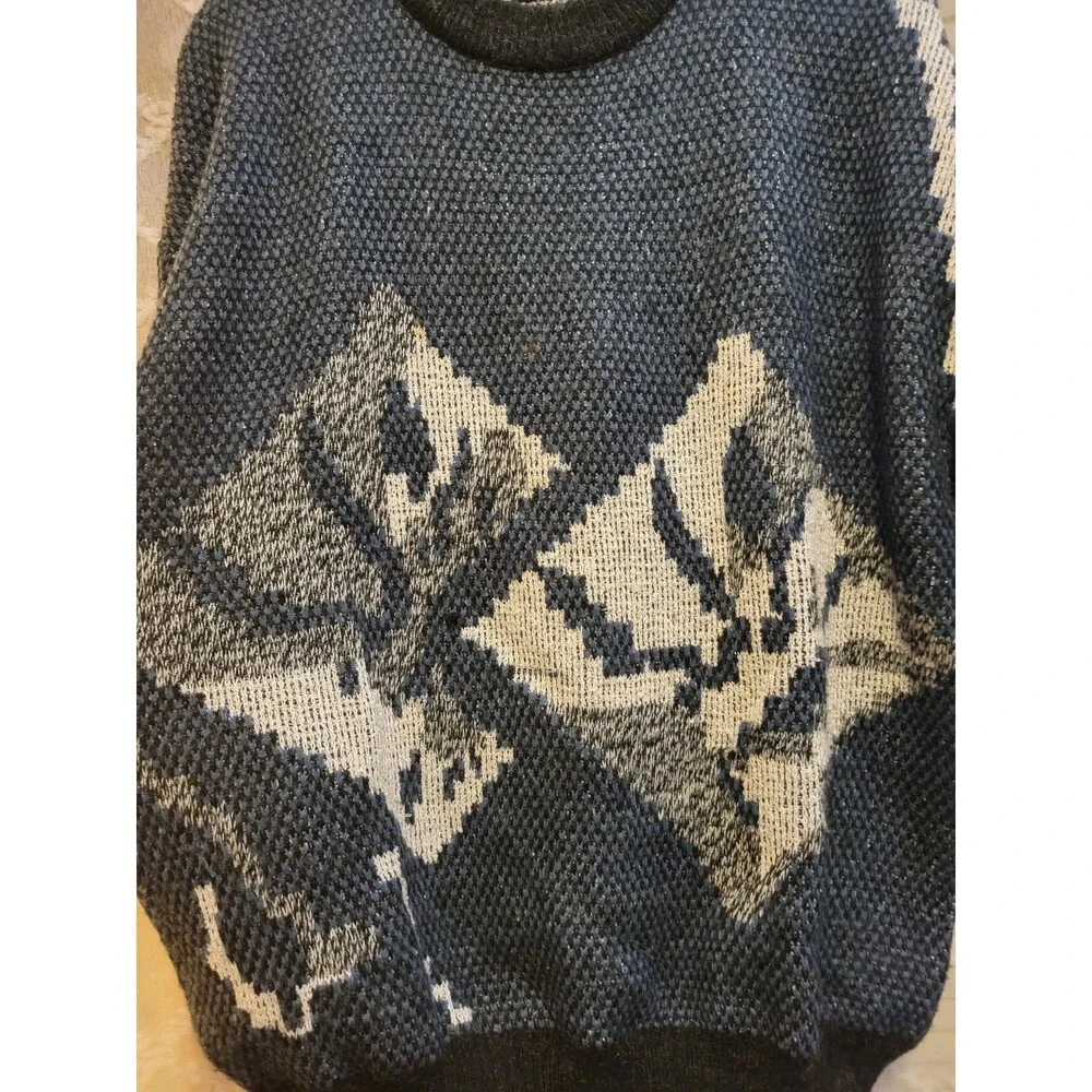 Vintage Mens Sweater Large Geometric Acrylic Cosby Preppy Old Money Aspen Lodge - Picture 3 of 16